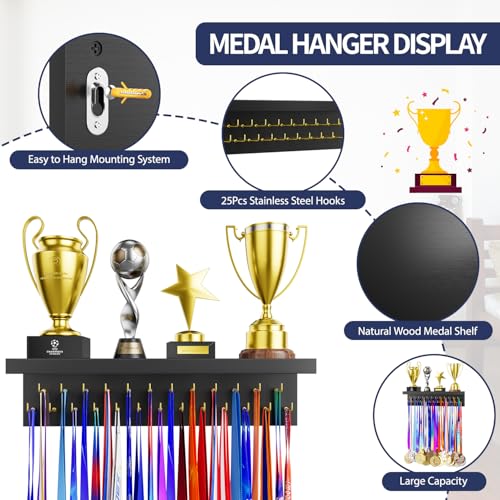 Image of Medal Holder Display Trophy Shelf Organizer, Sturdy Wooden Race Award Hanger Rack with 25 Steel Hooks, Wall Mount Storage Stand for Sports Fans, Cheer Success