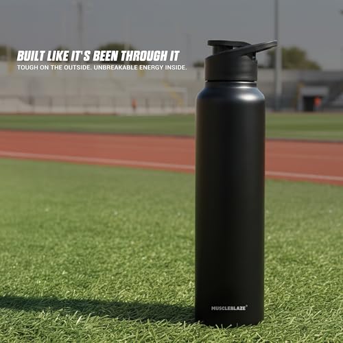 Image of MuscleBlaze Premium Grade Stainless Steel Water Bottle, Black, 1L | Leakproof, BPA-Free & Rust-Resistant