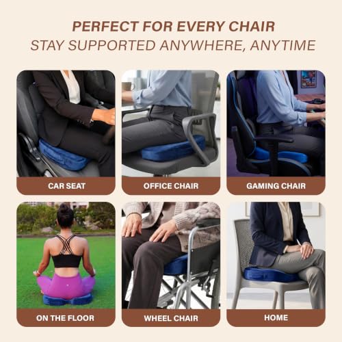 Image of Orthopaedic Memory Foam Coccyx Seat Cushion-(2 Year Warranty) - (18 inchx14 inchx3 inch) Tailbone & Sciatica Relief, Extra Support for Long Sitting,Non-Slip for Office /Home Chairs,Upto 100 kg - Velvet Blue