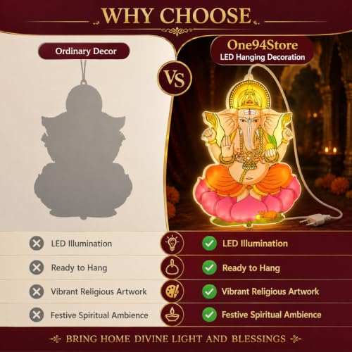 Image of One94Store Lord Ganesha LED Hanging Decoration | Colourful Ganpati Wall Hanging Light, Religious Festive Decor for Home, Temple, Door, Office, Diwali, Ganesh Chaturthi & Puja
