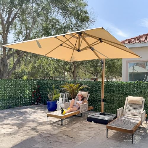 PURPLE LEAF Sonnenschirm Groß 300 x 300 cm Ampelschirm mit Kurbel 360° Drehbar und Neigbar Sonnenschirme Holzoptik Gartenschirm UV 50+ Schutz Wasserabweisend Quadratisch, Beige