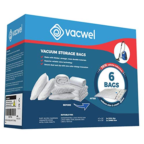 Vacwel XXL Jumbo Size Vacuum Storage Bags for Cushions, Pillows, & Comforter Storage. Space Saver Bags