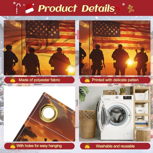 Image of 16x7Ft Patriotic American Soldier Silhouette Garage Door Decoration Flag, Military Tribute flag - Sunset USA Flag Themed Outdoor Decor