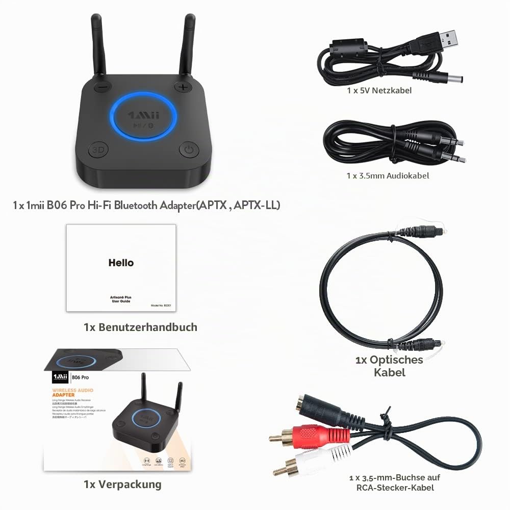 1Mii Aux Bluetooth Adapter, aptX Low Latency Bluetooth empfänger Audio, Bluetooth 5.0 Receiver mit Optical RCA AUX 3.5mm Koaxial für Home Stereoanlage…