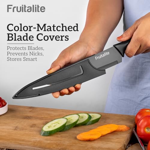 Image of Fruitalite 8-inch Chef Knife with Blade Cover- Premium Razor-Sharp Stainless Steel Multi-Purpose Kitchen Knife | Non-Stick Coating | Non-Slip Ergonomic Handles, Home Use for Chopping & Cutting- Black