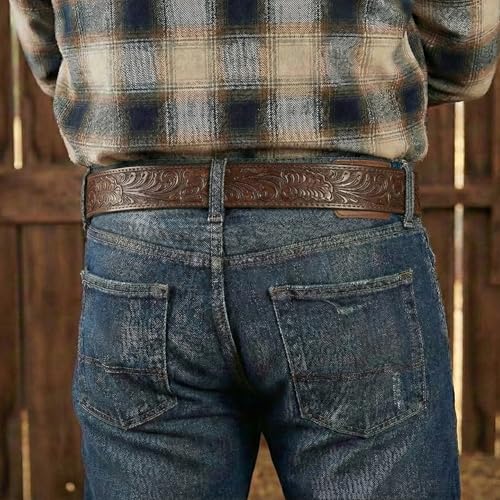 Image of BC Belts Western Leather Belt Strap - 1.5 inch Wide with Embossed Scrollwork Without Buckle for Men & Women, Cowboy /Cowgirl Style