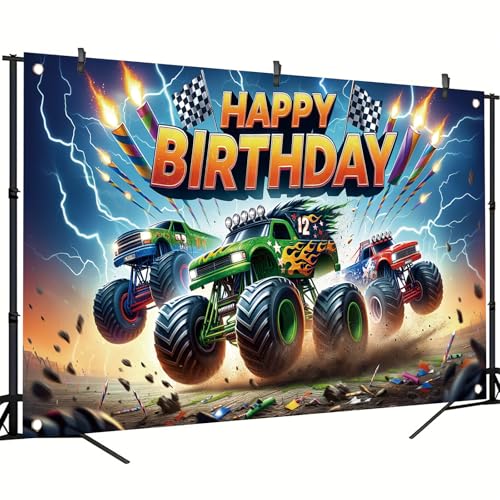 Image of Monster Truck Birthday Backdrop, 70.8x43.3 inches, Polyester, Multicolored, Birthday, Includes Truck-themed Backdrop with Four Grommets