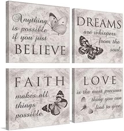 Butterfly Wall Art Grey Love Dream Faith Believe Quotes Pictures Bathroom Bedroom Living room Wall Decor Canvas Posters Prints (12 * 12inch*4)