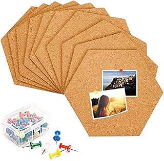 Cork Board Tiles, Xndryan 10 Pieces Hexagon Cork Boards Thicken Self Adhesive Cork Notice Board with 50 Push Pins, Cork Bulletin Board for Home Office School