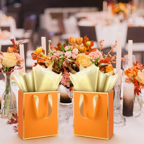 Image of Yeaqee 24 Pack Metallic Paper Gift Bag with Tissue, Orange, Gold | with Satin Ribbon Handle and Tissue, 9x7x3.1 Inch, Suit Business, Birthday, Christmas, Thank You Return Gifts Bags