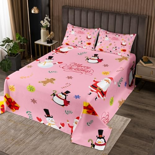 spefrowx Santa Claus Quilt Set Twin for Boys Girls Kids Merry Christmas Bedspread Christmas Themed Coverlet Set 2 Piece Happy New Year Gifts Xmas Bed Set Christmas Decor Bedding Pink