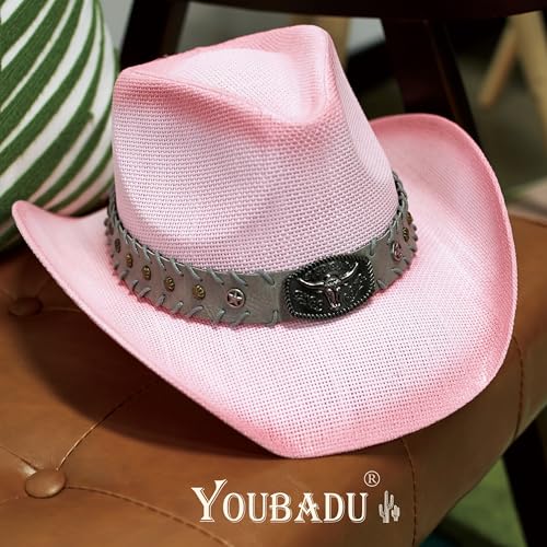 Image of YOUBADU Western Straw Cowboy and Cowgirl Hats with Decorative Bands - Unisex Wide Brim Raffia Style Sun Hat