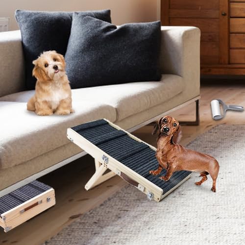 Aitakatta Rampa para perros para cama, rampa plegable portátil ajustable para mascotas, rampa de madera para mascotas de 26 pulgadas de largo con alfombrilla de tracción antideslizante para perros