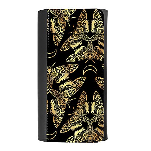(Golden Death's Head Hawk Moth) women's Patterned Leather Buckle Trifold Wallet Bag Pouch Holster With Credit Card Holder insurance for smartphones