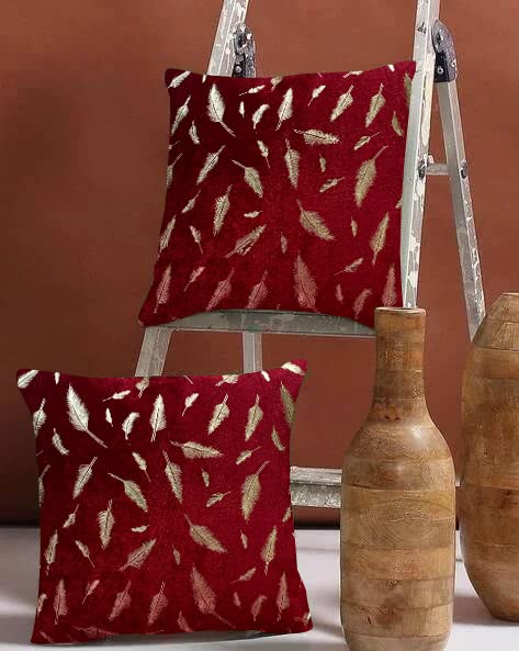 IM FAB Velvet Decorative Throw Pillow/Cushion Cover,Bedroom & Living Room Maroon Velvet with Gold Feathers Cushion Cover,(24x24 Inch,40X40 CMS),Set of 2 pcs-Maroon