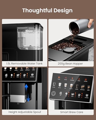 Image of Fully Automatic Espresso Machine, 19 Bar Coffee Maker with Integrated Grinder, Touch Screen Espresso Machine with 15 Grind Settings, Self-Cleaning Coffee Maker for Latte, Cappuccino (Black)