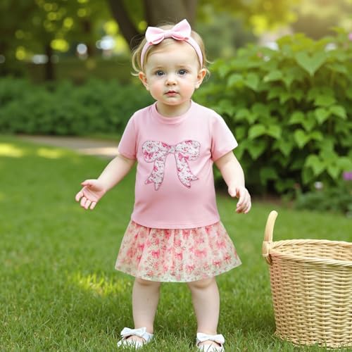 Image of Kayotuas Toddler Girl Summer Outfits Bow Embroidery Short Sleeve T-shirt and Sparkle Tutu Skirt Cute Sister Matching Dresses