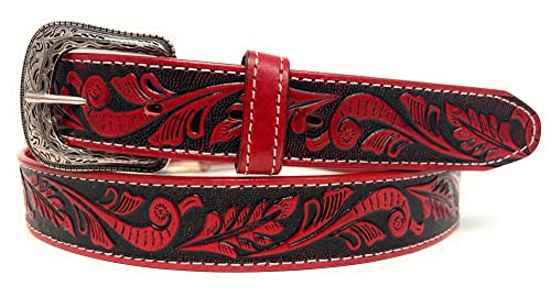Men's Genuine Leather Western Belt, 1 1/2 inch Wide Casual or Work Tulip Embossed Leather Belt