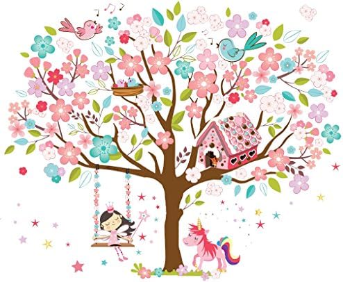 Kath & Cath Unicorn Wall Decal, Girls Nursery Pink Fairy Wall Decals, Gingerbread House, Singing Birds, Rainbow and Cherry Blossoms Tree Wall Stickers Wall Decor -Kids Children Room Vinyl Removable Self-Adhesive Wall Mural Decoration