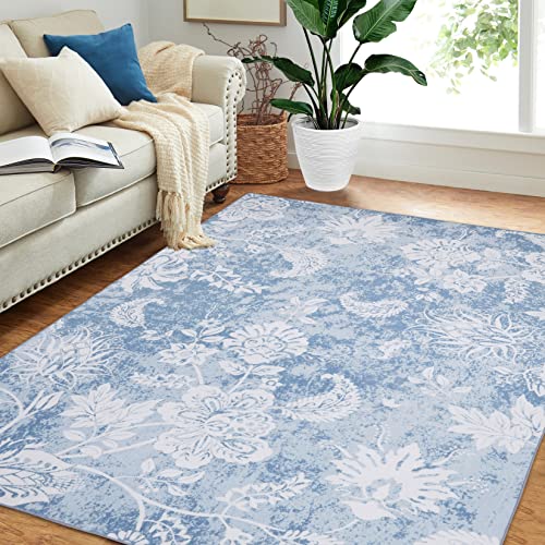 LuxFocus Floral Area Rug Foldable Machine Washable Area Rug Colorful Flower Carpet Non-Slip Vintage Area Rug Farmhouse Floral Rug for Kitchen Living Room Bedroom Dining Room, 120 x 170 cm Blue