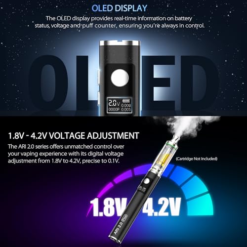 Ari 2.0 510 Threaded Vape Pen Battery, Alloy Body Design, 650mAh Battery, Variable Voltage Settings, Pre-Heat Setting (No Nicotine) - Image 3