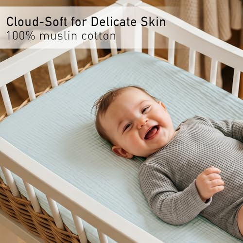 Image of Muslin Bassinet Sheets 2 Pack, Ultra Soft Breathable Fitted Sheets for Bedside Sleeper Bassinet, 33x20 Inch, Snug Fit Baby Bassinet Mattress Cover for Newborn Boys Girls (Bright Colors)