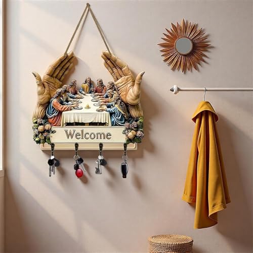 Wooden 2D Jesus and Disciples Scene Key Holder Wall Mount, Key Hanger | Religious Wall Art 4 Hooks Key Rack For Living Room Mudroom Bedroom Entryway Home Decor Christmas Decorations Christian Gifts - image 7
