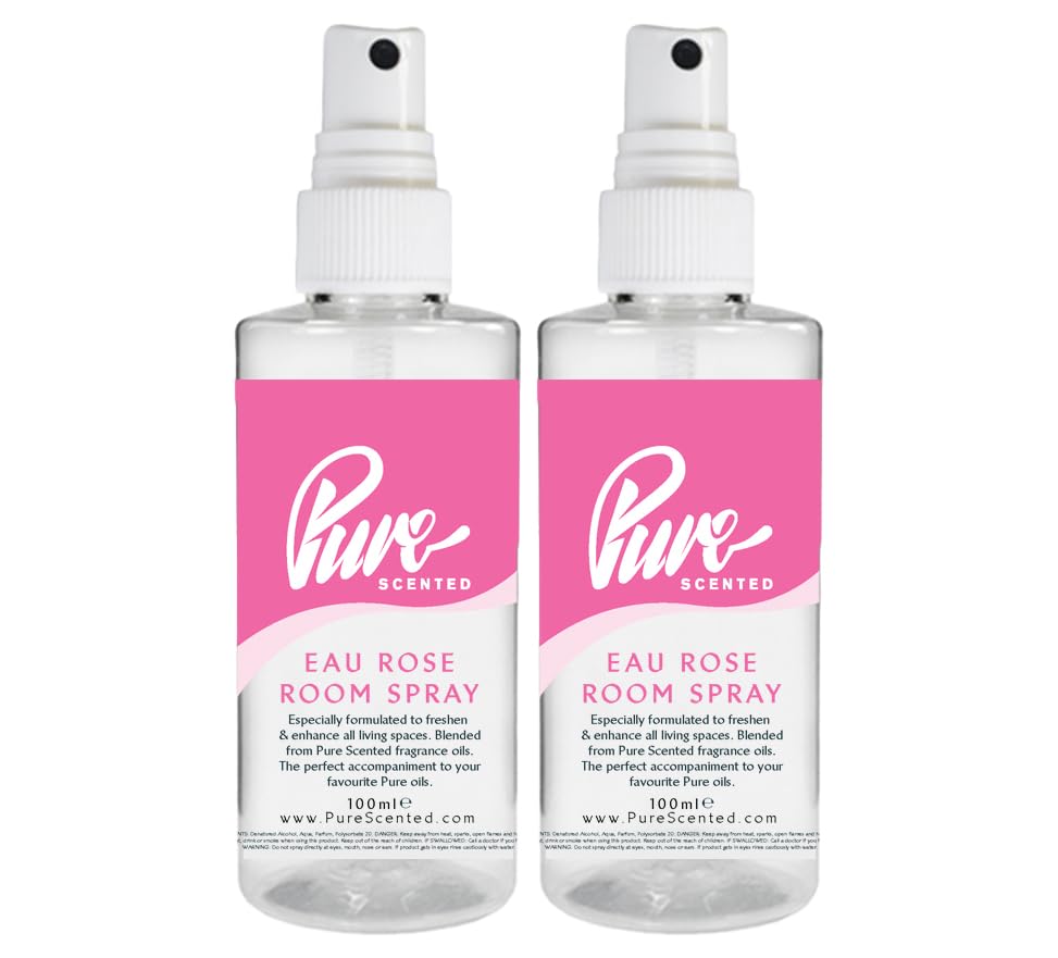 "Pure Scented 200ml Room & Fabric Sprays 2 x 100ml Suitable For Home, Car, Caravan, Work, Gym Bags, Odour Eliminators (2 x 100ml, Eau Rose)"