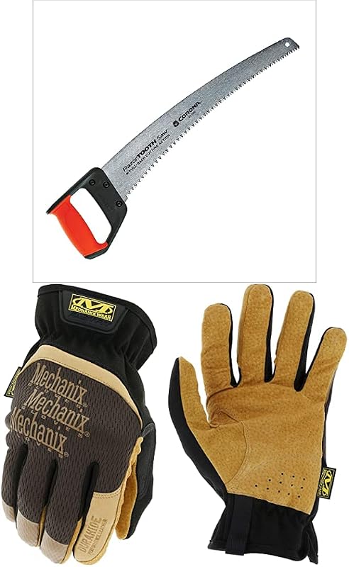 Corona RS7510D RazorTOOTH Heavy Duty Pruning Curved Blade Trimming Saw for Cutting Tree Limbs & Branches, 18" + Mechanix Wear: DuraHide FastFit Leather Work Gloves (Medium, Brown/Black), LFF-75-009