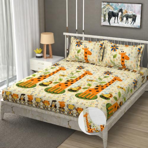 Image of Vram Premium Heavy Cotton Elastic Fitted Bedsheets with 2 King Size Pillow Covers || Double Bed with All Around Elastic 350 TC || 72 x 72 x 10 Inch King Size Fitted || :- Animal Girafe