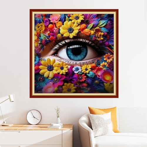 Image of Disxvivy Cross Stitch Stamped Full Embroidery Kits DIY 11CT Cotton Thread Printed DIY Needlepoint Kits Craft Needlework Set Cross-Stitch Stamped Sets-Colorful Eyes 18x18 inch