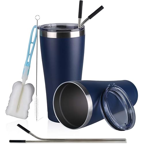 JIESSIWILL 32 oz Stainless Steel Tumbler Double Wall Vacuum Insulated Travel Mug, Durable Insulated Coffee Cup with Lid, Metal Straw and Brush (Navy,2 Pack)