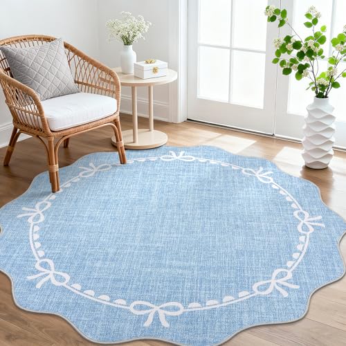 GarveeHome 6ft Round Rugs Washable Scalloped Bow Rug for Bedroom, Blue