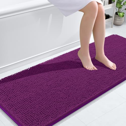 Image of OLANLY Bathroom Runner Rugs 59x24, Extra Soft Absorbent Chenille Bath Rugs, Rubber Backing Quick Dry, Machine Washable Long Bath Mats for Bathroom Floor, Tub and Shower, Home Decor Accessories, Purple