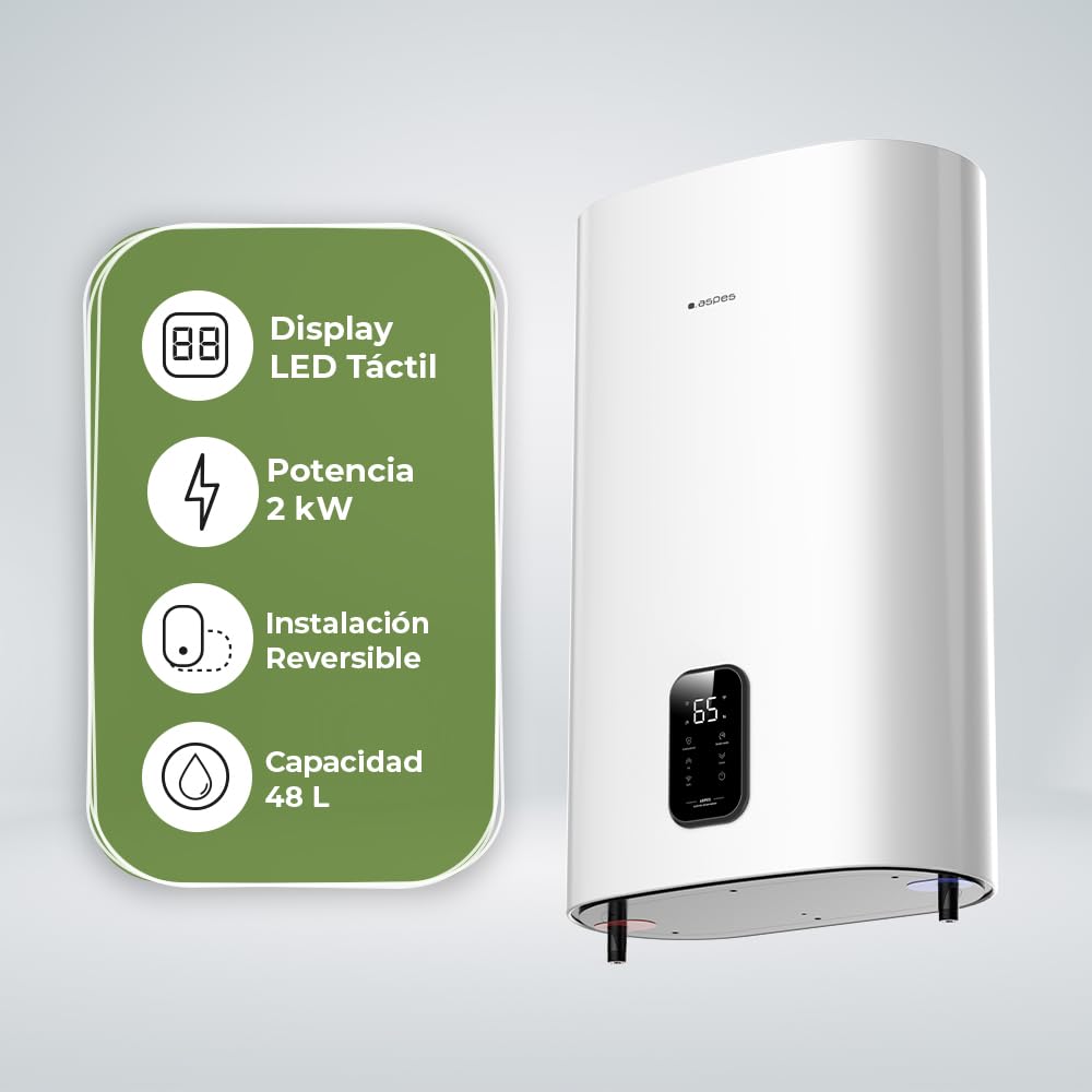 Aspes Termo Eléctrico 50 Litros, AT5000DDW. 2000W, Kit de Montaje Incluido, Resistencia Acero Esmaltado, Termostato Digital, Temperatura Máx 93 º, Blanco, Eficiencia Energética Clase B
