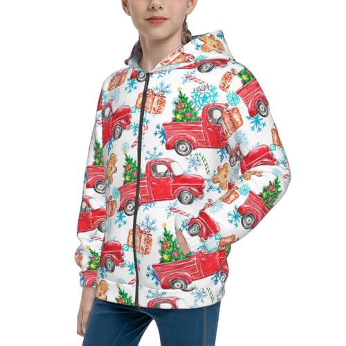 Watercolor Red Truck And Fir Tree Kid Hoodies Boys Zip Up Sweatshirts Girls Pullover with Pocket