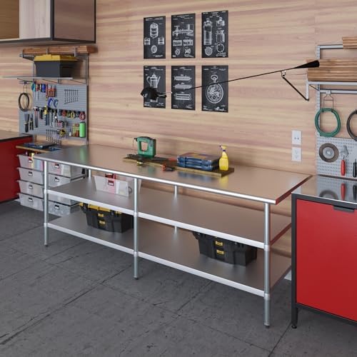 Image of AmGood Stainless Steel Work Table with 2 Shelves | NSF | Metal Utility Table (96 inch Long x 30 inch Deep)
