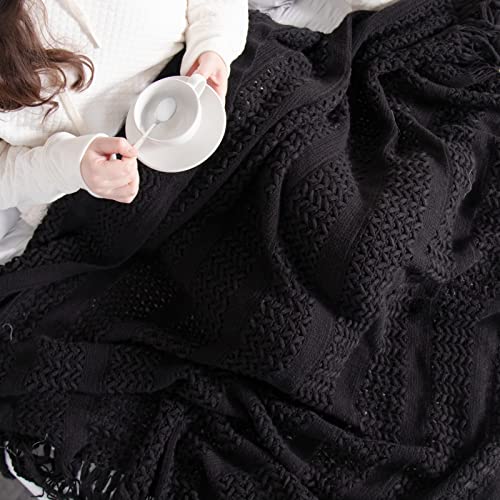 Lifein Knitted Black Throw Blanket For Couch - Soft Fall Farmhouse Boho Throws, Cozy Knit Small Lightweight Blankets & Throws With Tassels For Home Decor,Bed,Chair,Sofa (Black, 50 * 60'') #TOP3