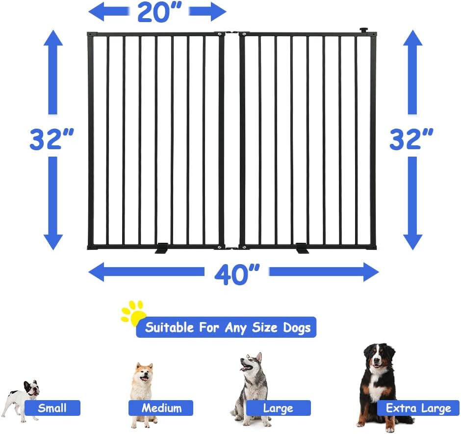 2 Panels Metal Freestanding Dog Gates with Door,40''W Detachable Foldable Dog Fence Indoor Outdoor Puppy Gate, 32''H Free Standing Tall Pet Gate for Doorways,House,Stairs,Porch,Deck,Yard