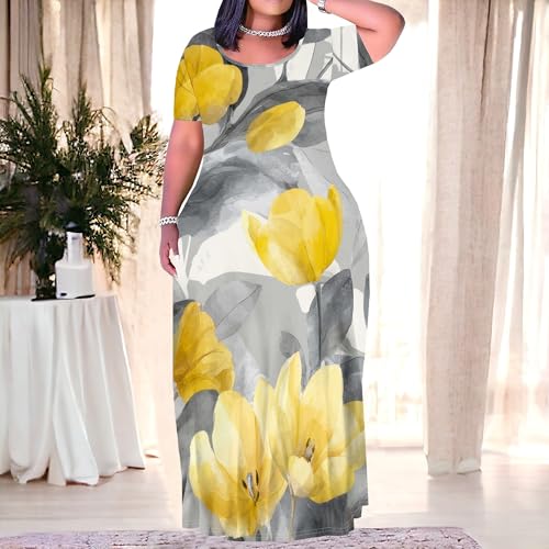 Image of PinkPatty Women's Plus Size Maxi Dresses Short Sleeve Sundress Summer T-Shirt Beach Long Dress with Pockets