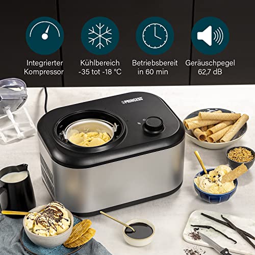 Princess Eismaschine inkl. Kühlaggregat 1 L, Zubereitung von selbstgemachtem Speiseeis, Frozen Yoghurt und Sorbet, 100 Watt, Silber, Schwarz, 282608 – Bild 6