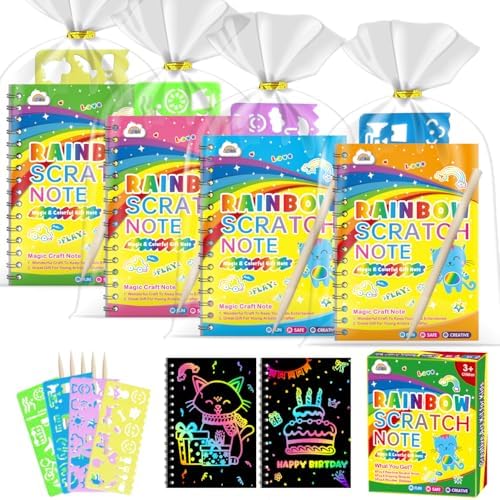 ZMLM Scratch Art Party Favors: 4 Pcs Birthday Gifts Goodie Bags Stuffers Rainbow Scratch Paper Craft Notebooks for Kids 4-8 Classroom Prize Students End School Supplies Toy Girls Boys Return Gift