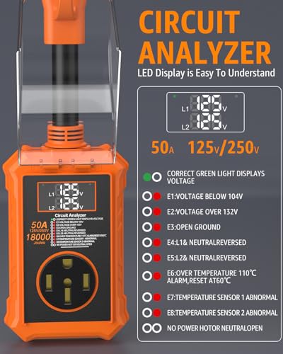 Image of RV Surge Protector 50 Amp with Smart LED Display for Camper | 18000J Circuit Analyzer, Waterproof, Auto Shutoff & Reset for High and Low Voltage, Fits Travel Trailers