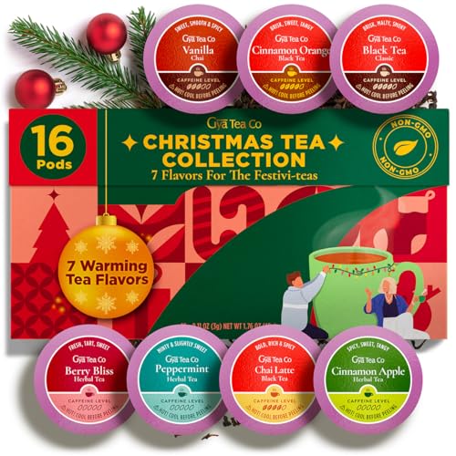 Image of Christmas Tea Pod Gift Set (16 Count) - 7 Flavors Assorted Variety Pack | Vanilla Chai, Cinnamon Orange, Black Tea, Berry Bliss, Peppermint, Chai Latte, Cinnamon Apple, Tea Sampler, Non-GMO