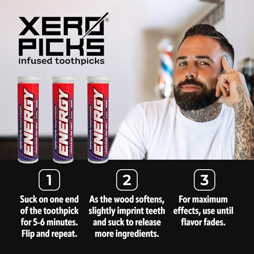 Image of Xero Picks Energy Caffeine Flavored Toothpicks B12 for Focus & B6, 60 Picks (Pack of 3) (Berry) Sugar-Free Alternative to Energy Mints & Gum - Kosher