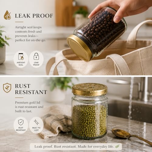 Image of Pure Source India Premium 50gm, 6 Pcs Glass Jar with Gold Lug Cap | Airtight Food Storage Jar for Honey, Jam, Pickles, Spices & Preserves