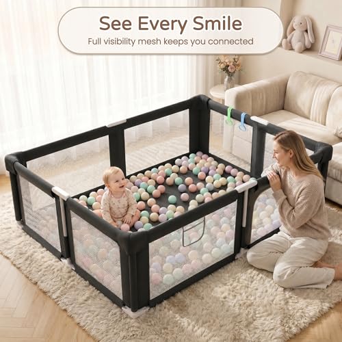 Image of Foldable Playpen for Babies and Toddlers with Mat, 73 inch x 61 inch Playard for Indoor & Outdoor, Baby Play Pen with Soft Breathable Mesh, Pull-Link and Ocean Balls, Black