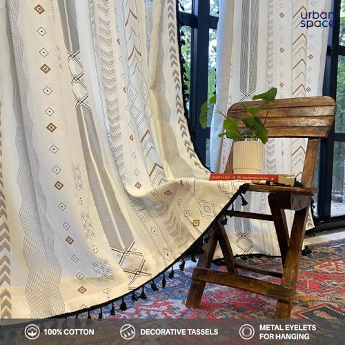 Image of Urban Space Boho Decorative Curtains for Window, 100% Cotton Curtain 5 Feet Long, Set of 1 Curtains with Tassels, 60-65% Room Darkening Curtain with Tieback and Eyelets (Boho Grey, 5 Feet)
