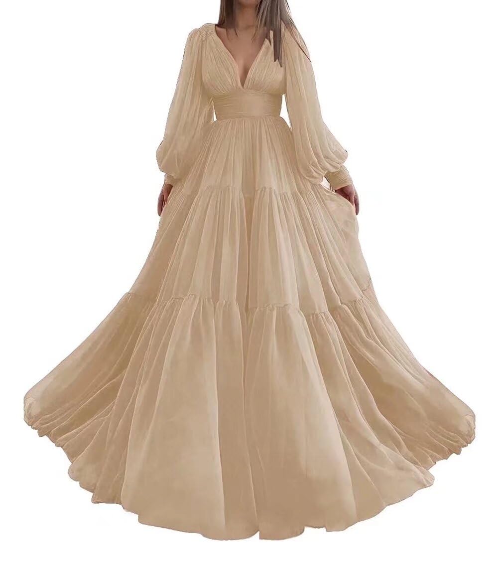 Long Sleeve Tulle Prom Dresses V Neck Puffy Formal Evening Party Gown for Women Princess Wedding Dress