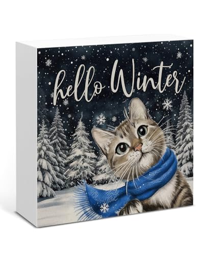 Image of Winter Cat Decor, Hello Winter Wood Box Sign, Seasonal Christmas Holiday Home Office Decorations for Desk Table Shelf 5 X 5 Inches